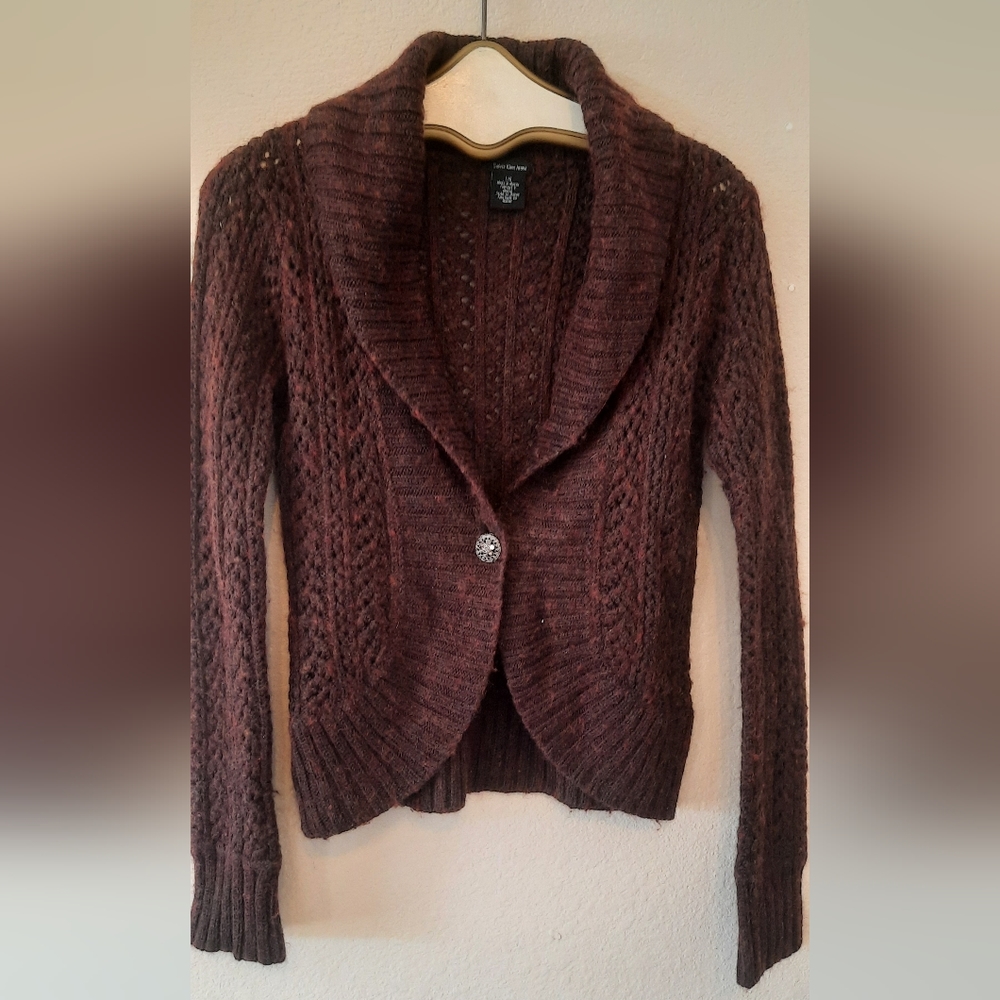 Calvin Klein Wool Sweater/ Cardigan, Brown, Decorative Button, Size Large